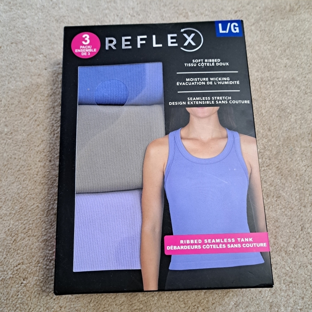 Reflex Set Of 3 Tanks Racer Back Ribbed Seamless Blue Brown Purple Size Large